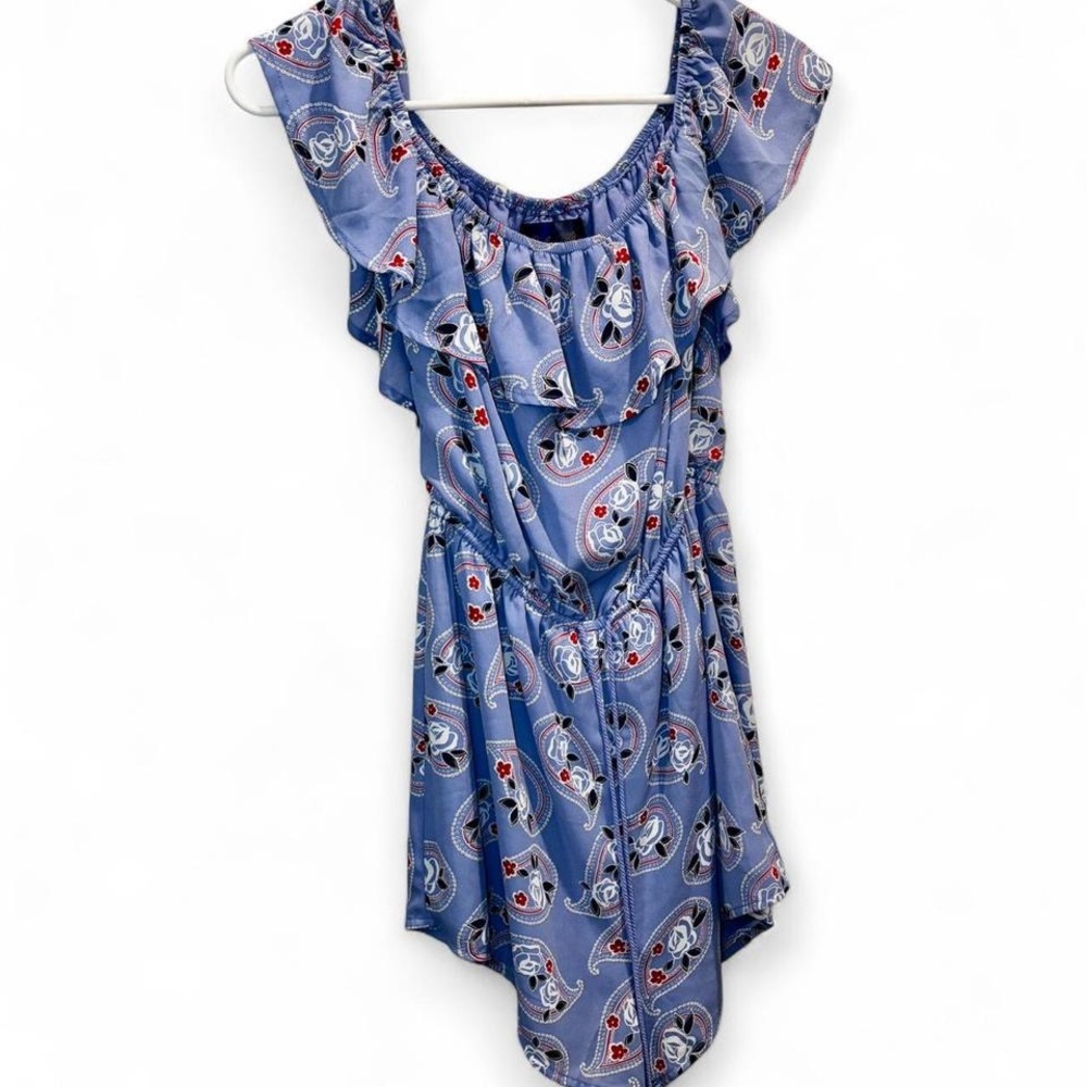 Chic Blue Paisley Romper with Ruffles